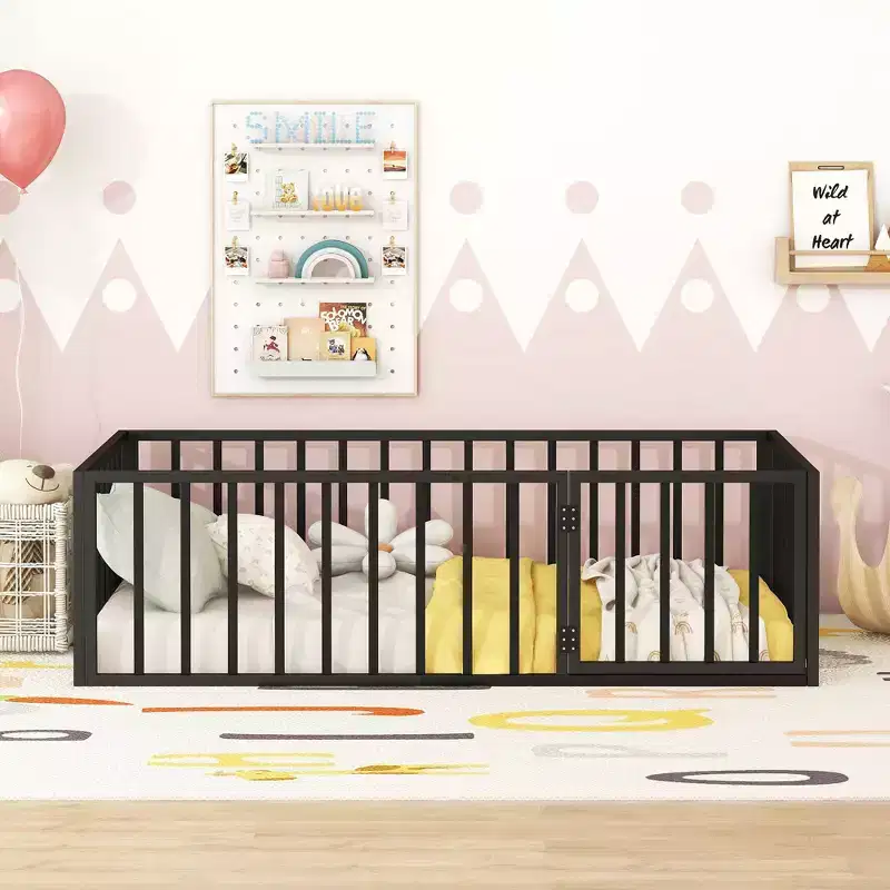 Okak Modern Floor Bed Frame with Safety Fence and Door, Metal Children's Floor Bed Frame for Kids Girls Boys Easy to Assemble