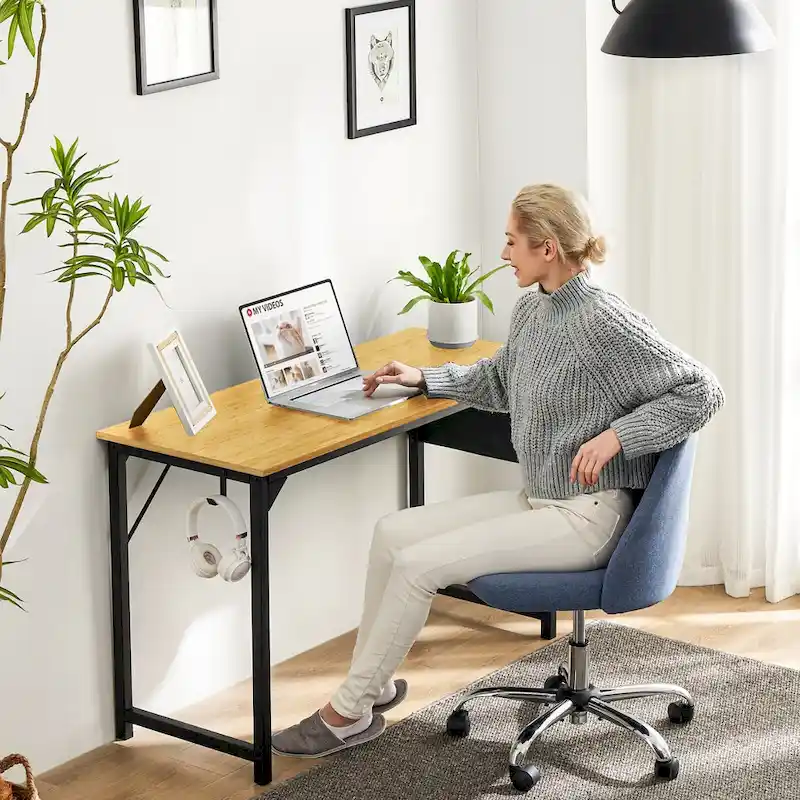 Modern Computer Office Desk with Storage Bag and Headphone Hook for Bedrooms and Study Corners or Small Home Offices