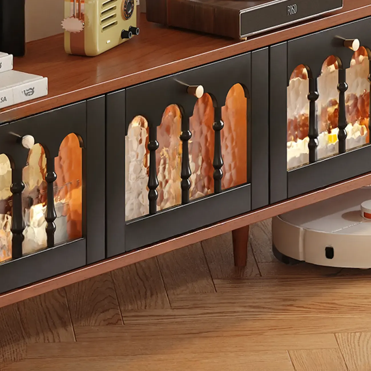 Warm Shaker Wood TV Stand with Cable Management & Light & 4-Cabinet/5 Cabinets/6 Cabinets