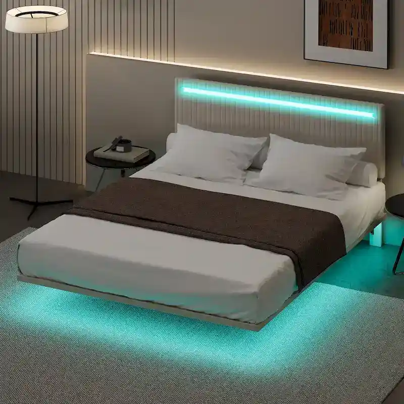 Floating Bed Upholstered Frame Velvet Fabric Platform Bed Adjustable Wingback Bed, Lights on Headboard, Sensor Lights Underbed