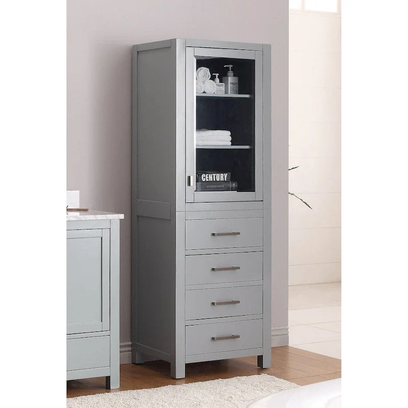 Chilled Gray Linen Tower with Glass Door, 4 Drawers & 2 Adjustable Shelves