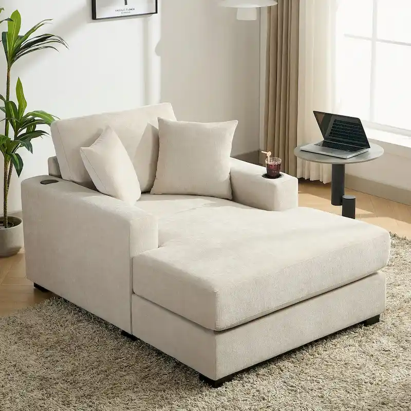 43.5 Chenille Fabric Chaise Lounger Sofa Couch with Pillows, Charge Station & Cup Holders