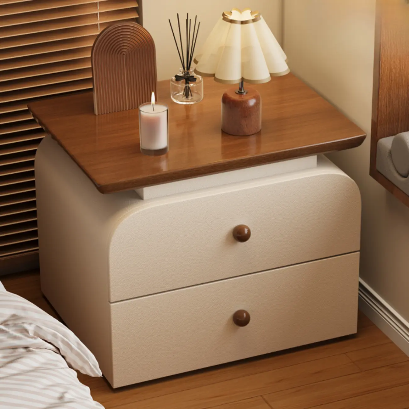 Faux Leather Modern Nightstand Wood Countertop