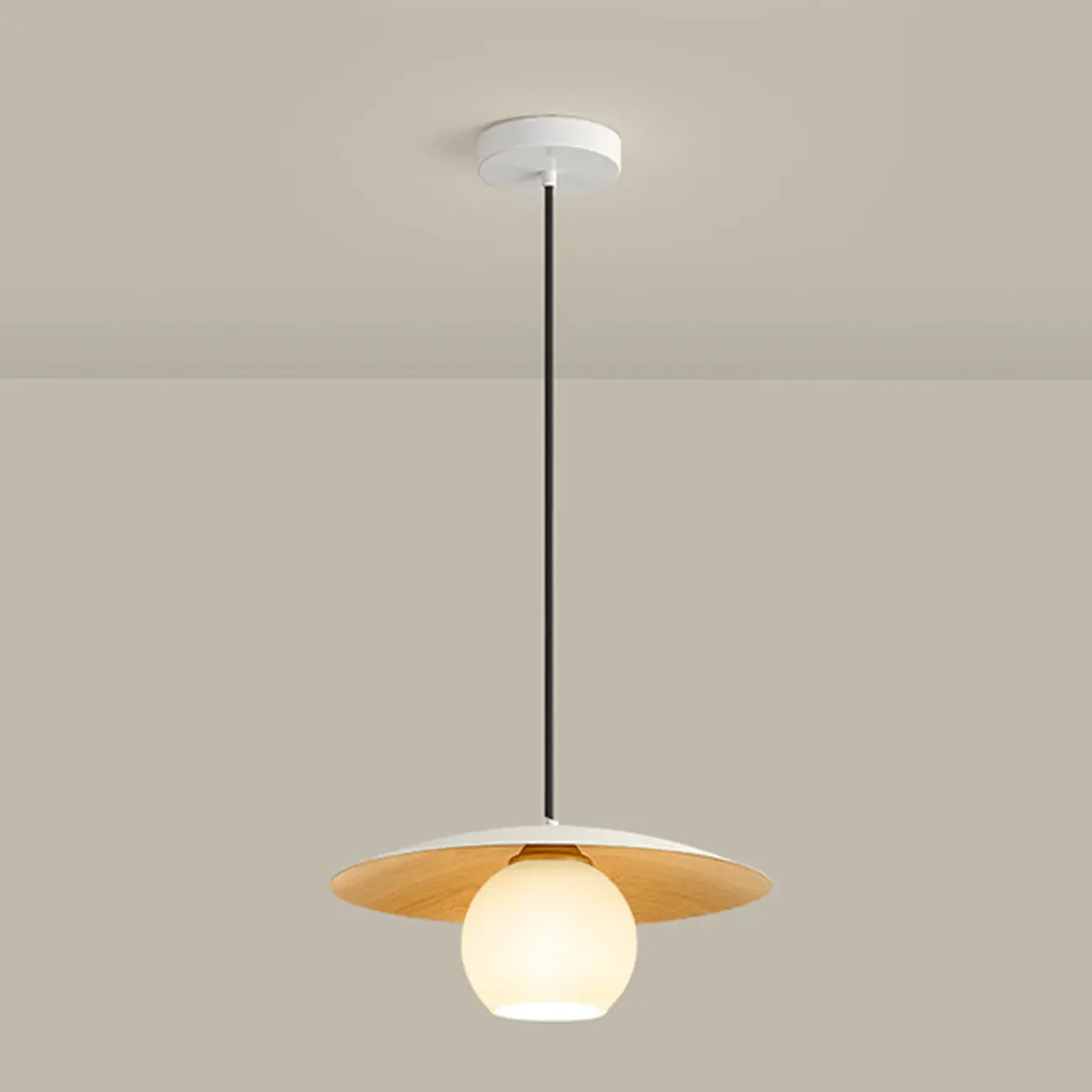 Minimalist White Glass Pendant Light with Metal Disc for Living Room