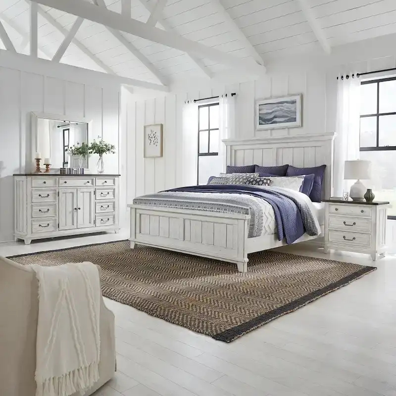 White and Tobacco-Colored Panel Bed, Dresser, Mirror, and Nightstand Set