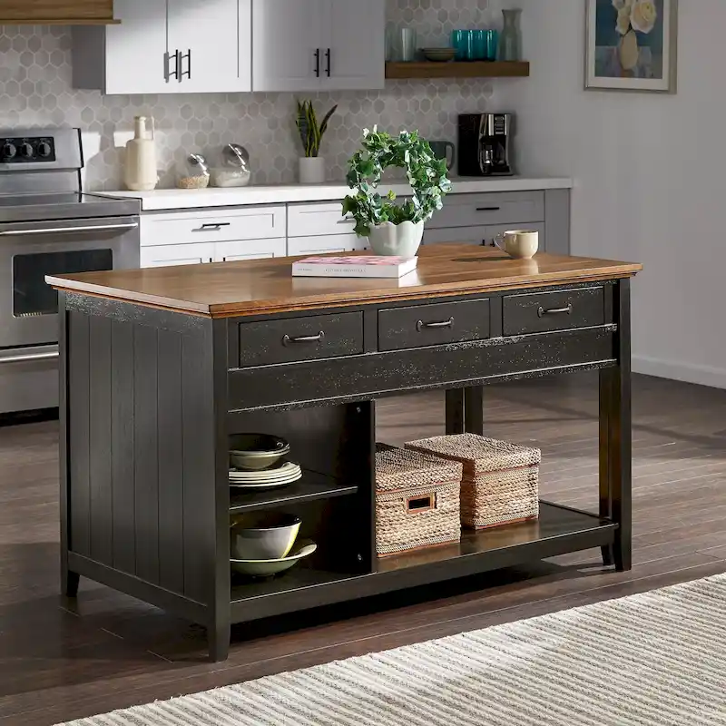 Two-Tone Antique Finish Extendable Kitchen Island with 3 Drawers