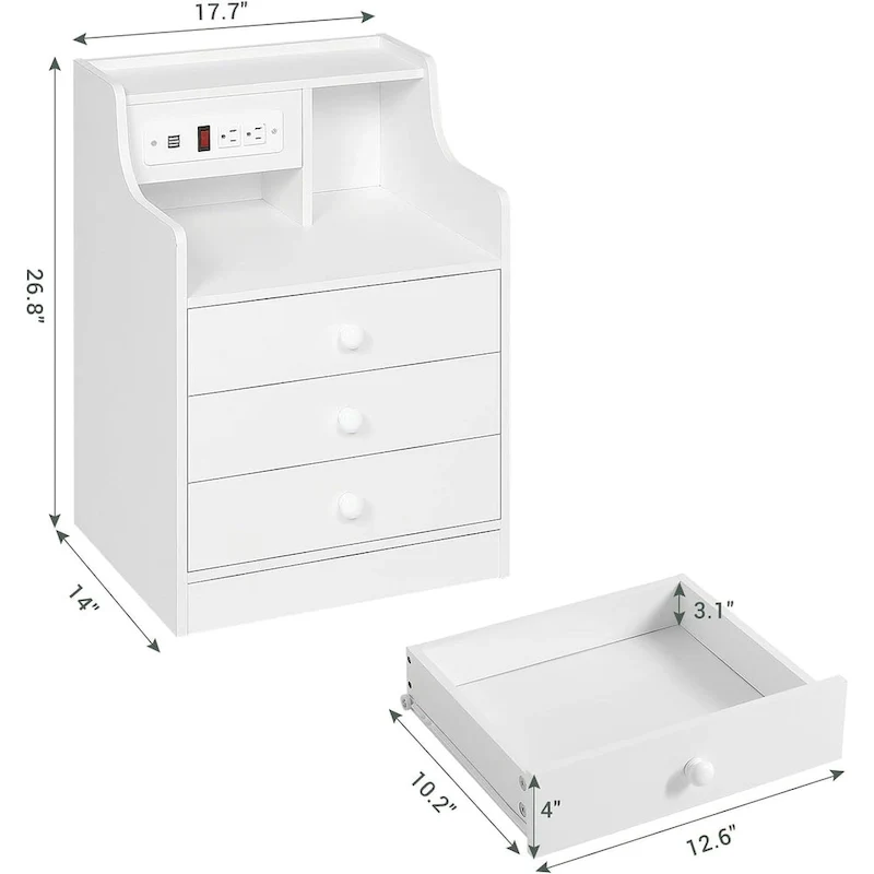3-Drawer Nightstand with Built-in Charging Station and Open Shelf – White / Pink / Grey / Black, for 1 Person