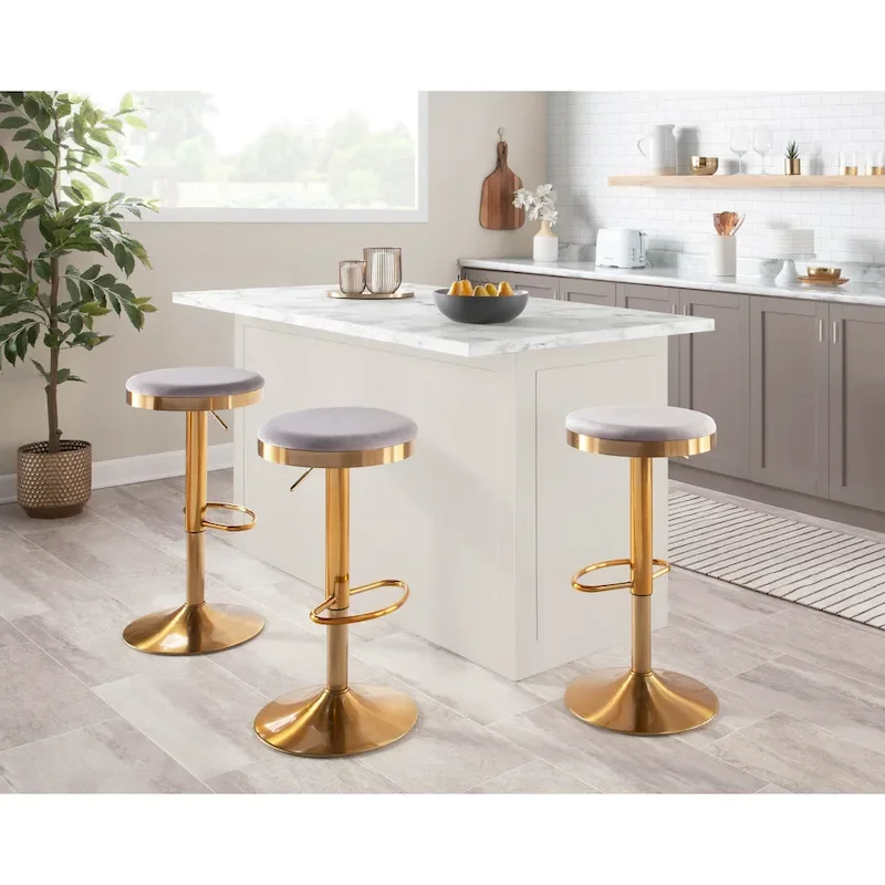Gold Steel Barstool with Upholstered Seat - Set of 2 - Adjustable Height 23-31.75H