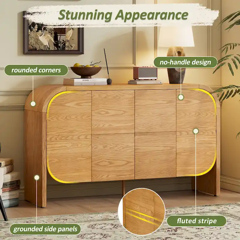 Wooden Sideboard Buffet Cabinet with Curvy Edge & Adjustable Shelves