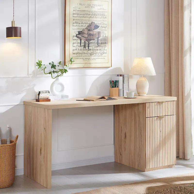 60 Modern Executive Desk, Wood Home Office Desk, Fluted Computer Desk