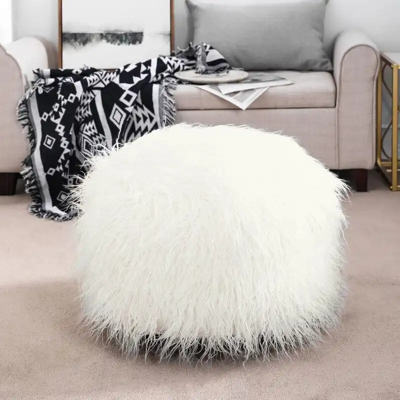 Adeco Unstuffed Ottoman Round Pouf Cushion Covers Faux Fur Foot Stool