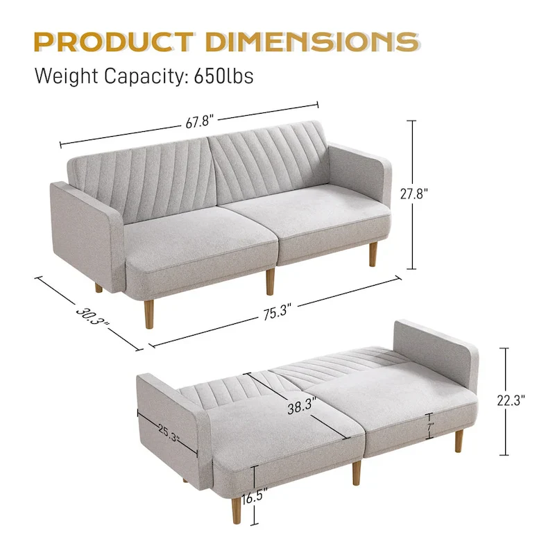 Upholstered Tufted Convertible Futon Sofa Bed, Velvet Sleeper Couch, 3 Seater Tufted Sofa with Adjustable Backrests