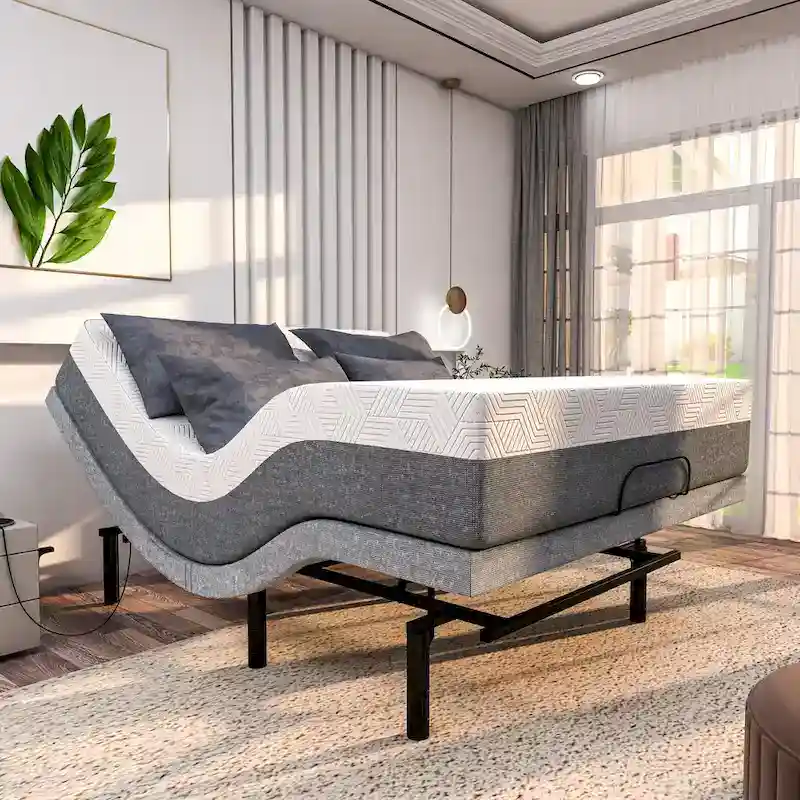 Renanim Zero Gravity Adjustable Bed Frame with 12 Memory Foam Mattress, Dual Massage, USB, Under Bed Light, Remote, App Control