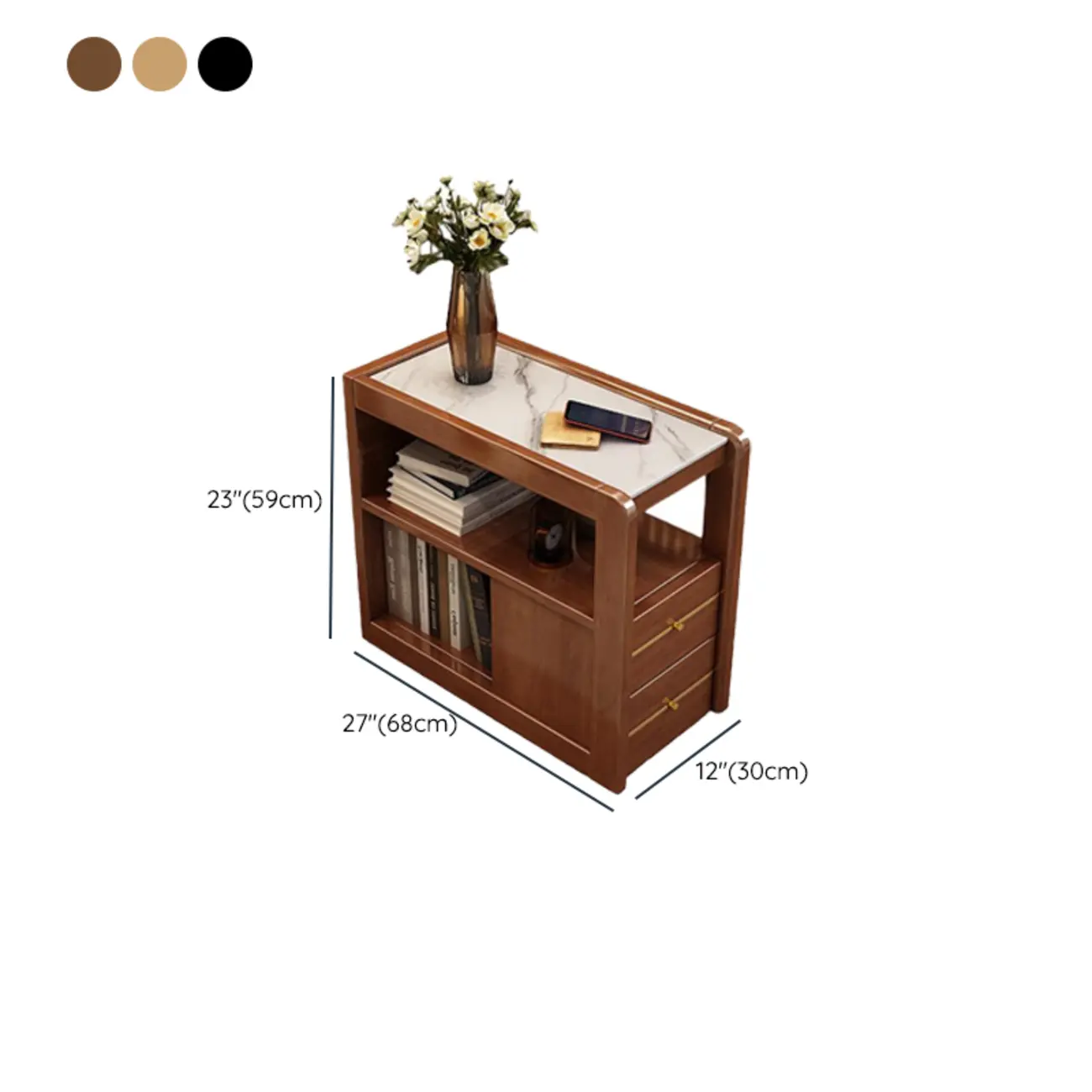 Narrow Sintered Stone Top Wheeled Side Table with Drawers