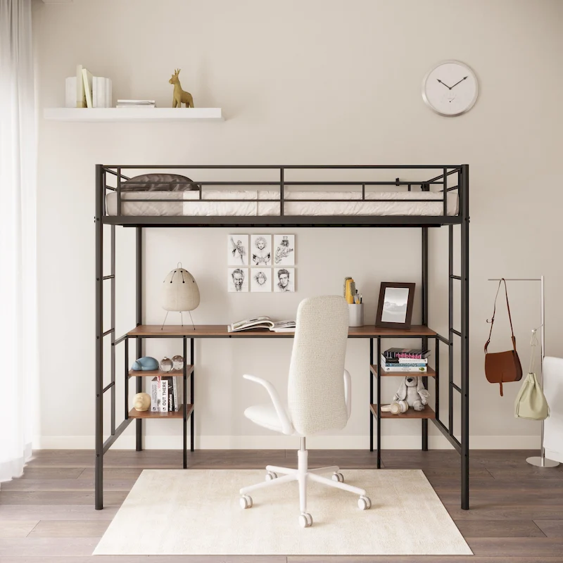Twin Metal Loft Bed with Table, Shelves, Guardrails, and Ladders
