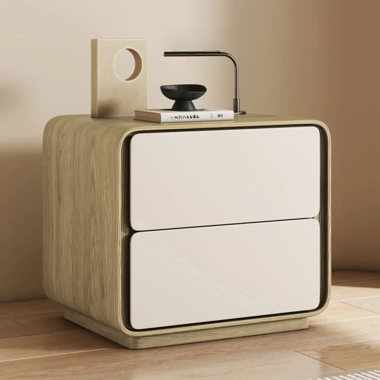 Modern Faux Leather Wood Top 2 Drawers Nightstand