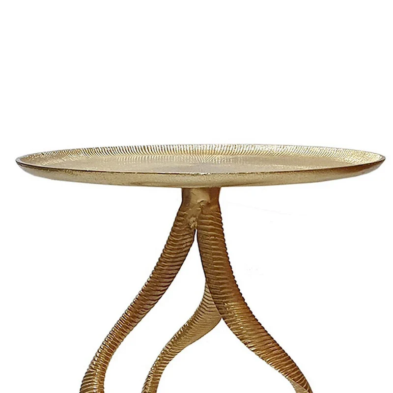 24 Inch Accent Side Table, Antler Base Design, Ribbed Top, Aluminium, Gold