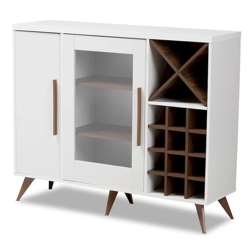 Dark Grey & Oak / White Brown Mid-Century Wine Cabinet with 24-Bottle Rack