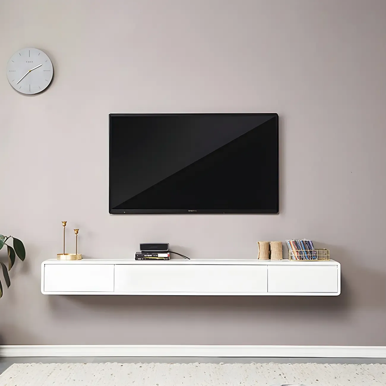 Rectangular Wall-Mounted Wood Drawers TV Stand White