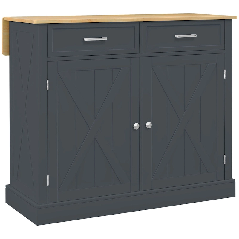 HOMCOM Rolling Kitchen Island with Drop Leaf Wood Breakfast Bar, Farmhouse Kitchen Cart with 2 Drawers, Dark Gray
