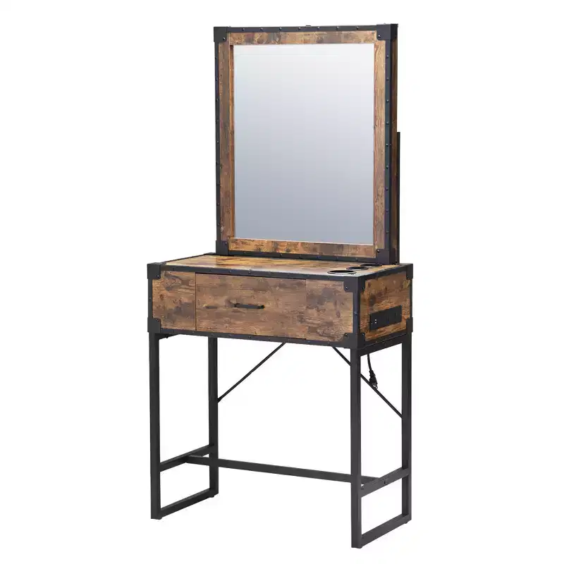 Sandinrayli Wall Mount Salon Station with Mirror,Hair Stylist Barber Station with Charging Station and Appliance Holders Rustic Brown