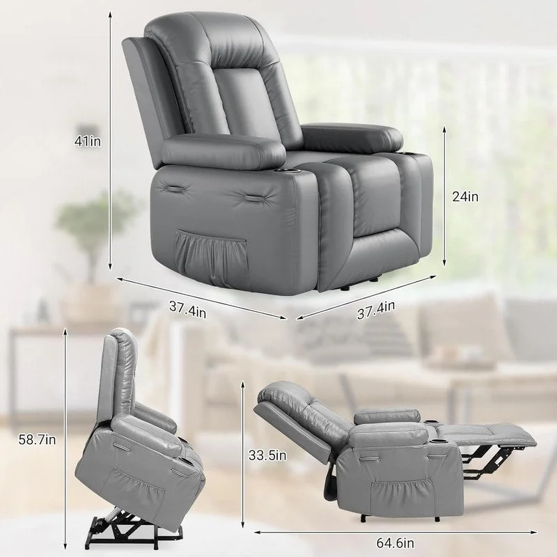 Power lift recliner chair with massage, cup holders, and side pocket.