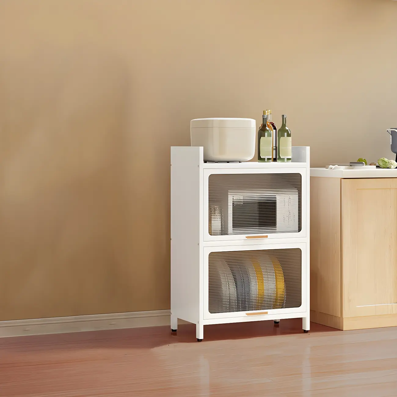 Modern White Steel Glass Door China Cabinet with Casters