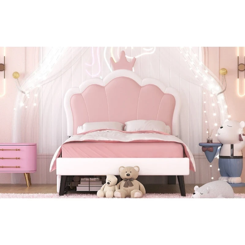 Upholstered Princess Bed with Crown Headboard & Drawers