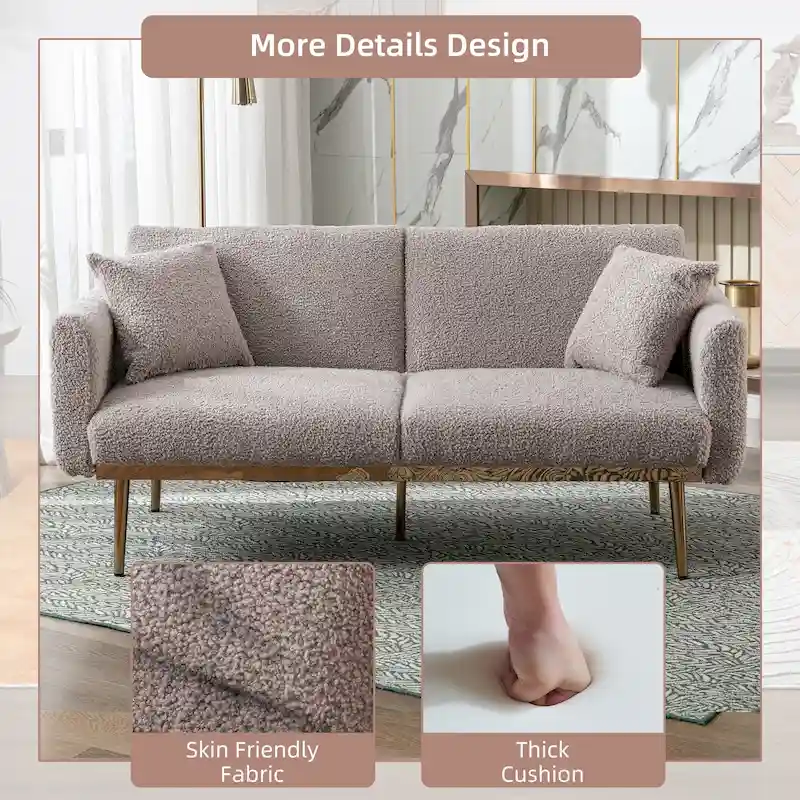 Teddy Fabric Upholstered Tufted Loveseats Sleeper Sofa With Rose Golden Legs