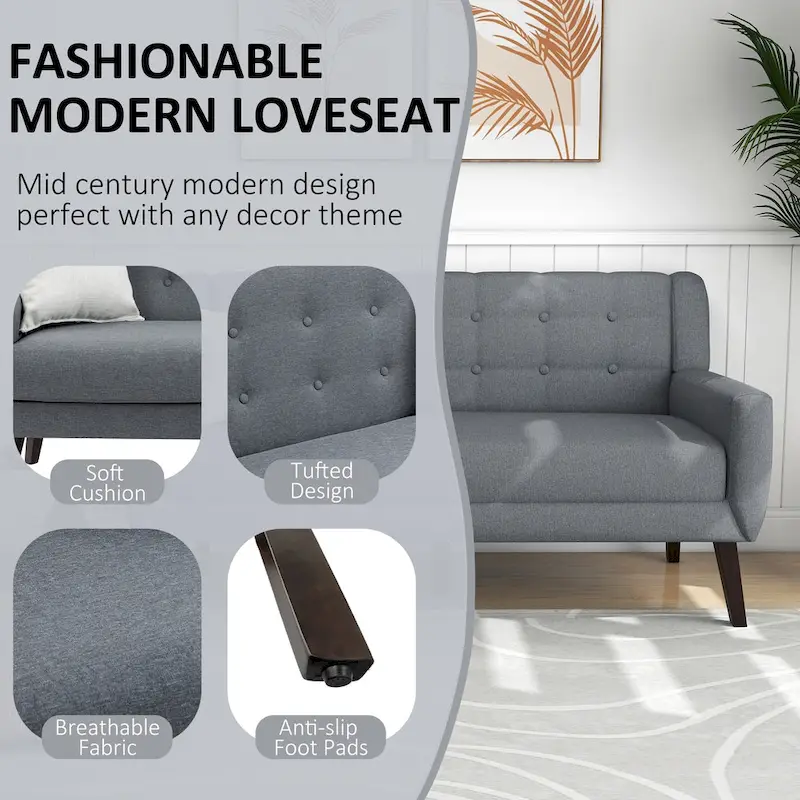 Tufted Linen/Cotton 2-Seater Sofa with Pillows