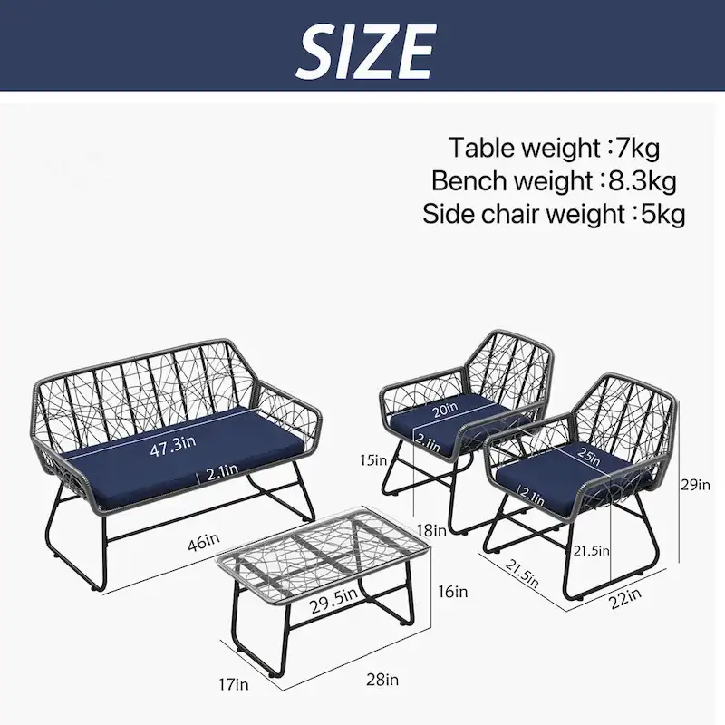 4-Piece Wicker Patio Set with Tempered Glass Table and Detachable Blue Cushions
