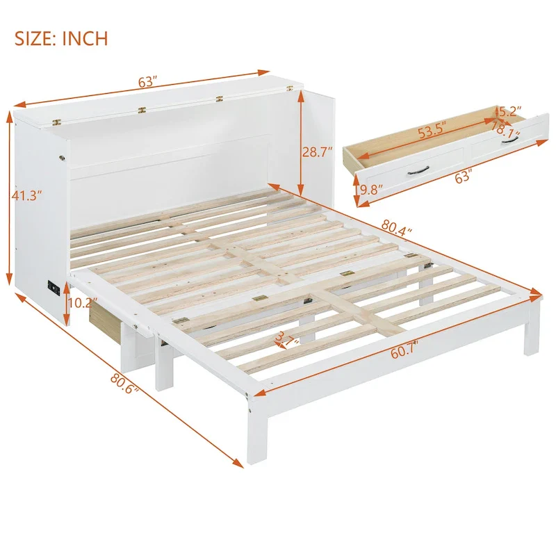 Queen Size Foldable Murphy Bed with Storage Drawers & USB Charging,Space Saving Wall Bed