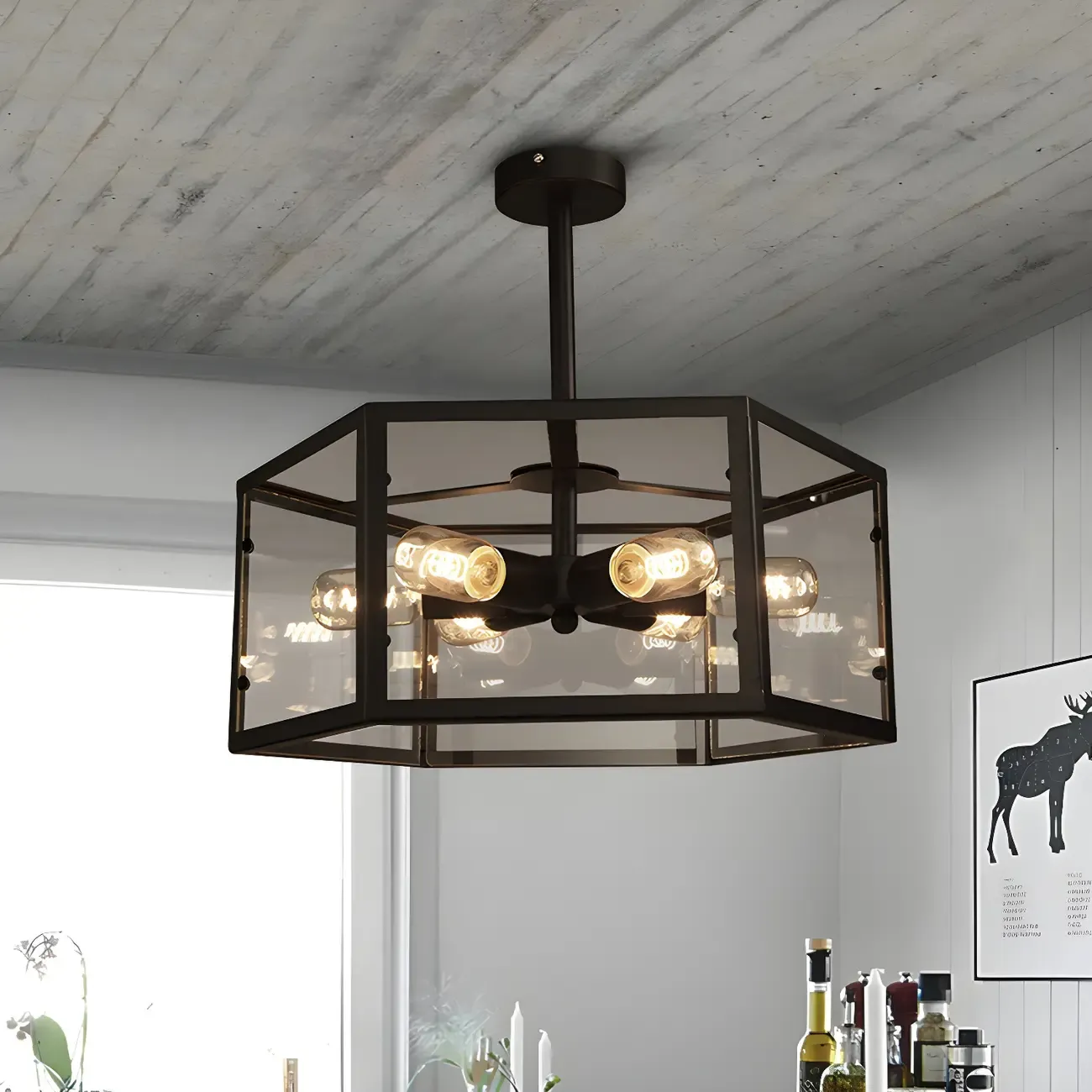Industrial Black Hexagon Metal Semi Flush Ceiling Light