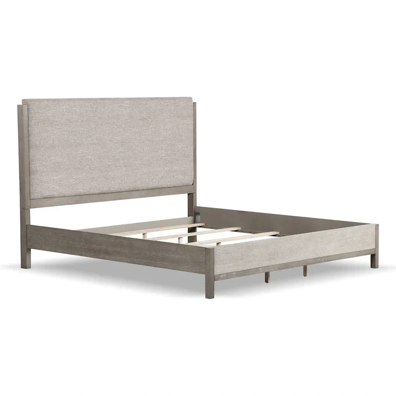 Cruz Contemporary Gray Solid Wood Panel Bed Frame with Upholstered Headboard
