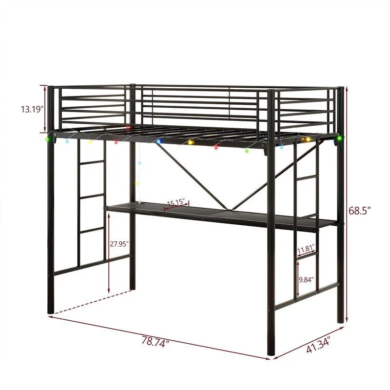 Metal Loft Bed with Desk,Power Outlet and LED Lighted,Twin Size