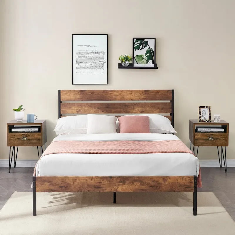 Taomika 3-Pieces Industrial Bed and Modern Square Nightstands Set