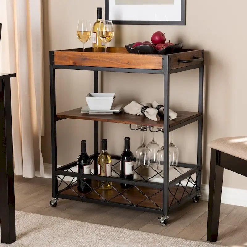 Industrial Oak Brown Bar Cart with Stemware Rack