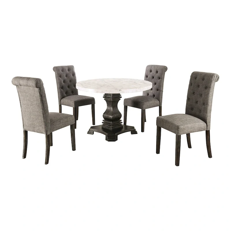 Brec Farmhouse Marble Top 5-Piece Round Dining Table Set with Tufted Chairs by