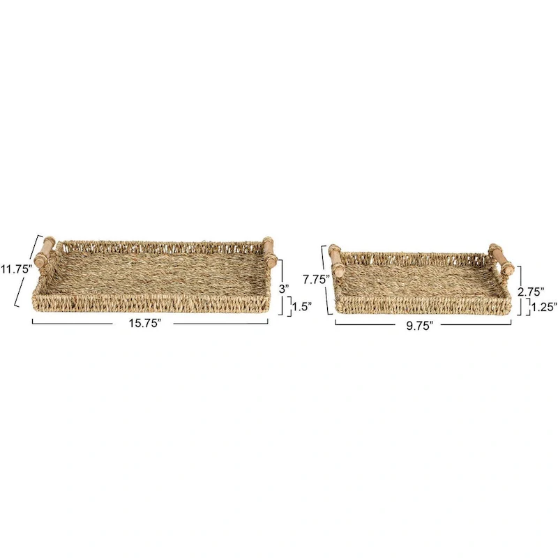 Household Essentials Handwoven Seagrass Tray Set with Wood Handles, Set of 2 - 15.7 L x 9.8 W x 3.1 H