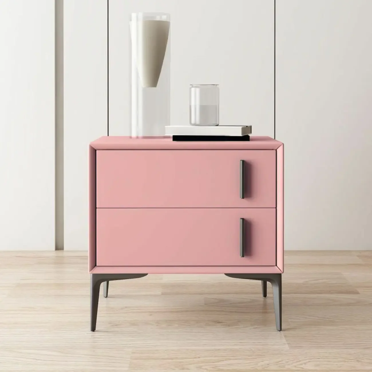Modern Apricot Faux Leather Wood 2-Drawer Nightstand