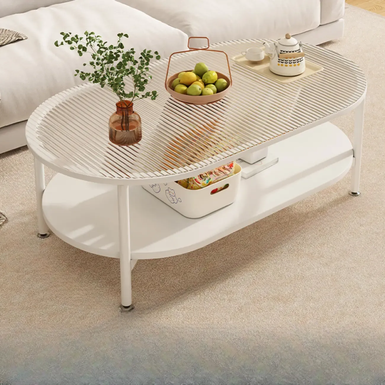 Modern White Rectangle Glass Coffee Table with Shelf