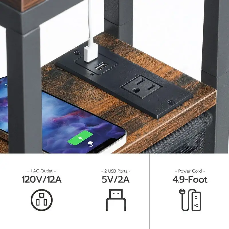 C-Shaped Side Table with Charging Station, Rustic Brown + Black, for 1 Person