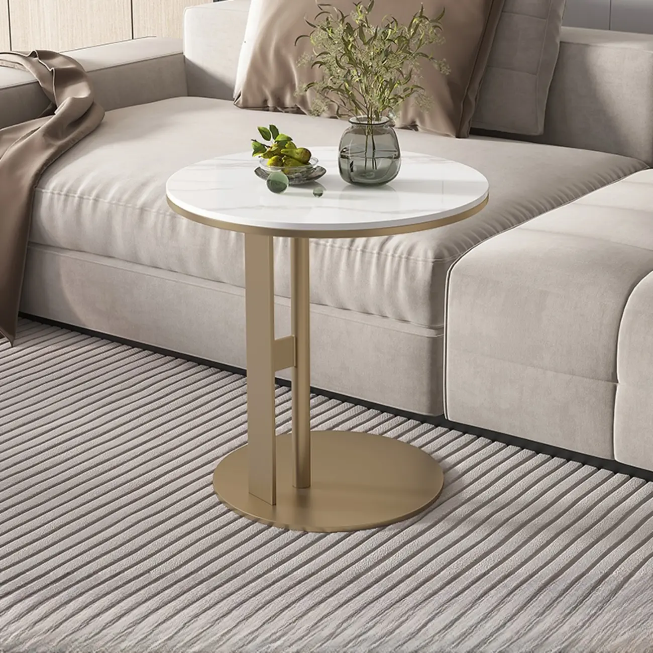 Modern C Shaped Round Sintered Stone Top Steel End Table