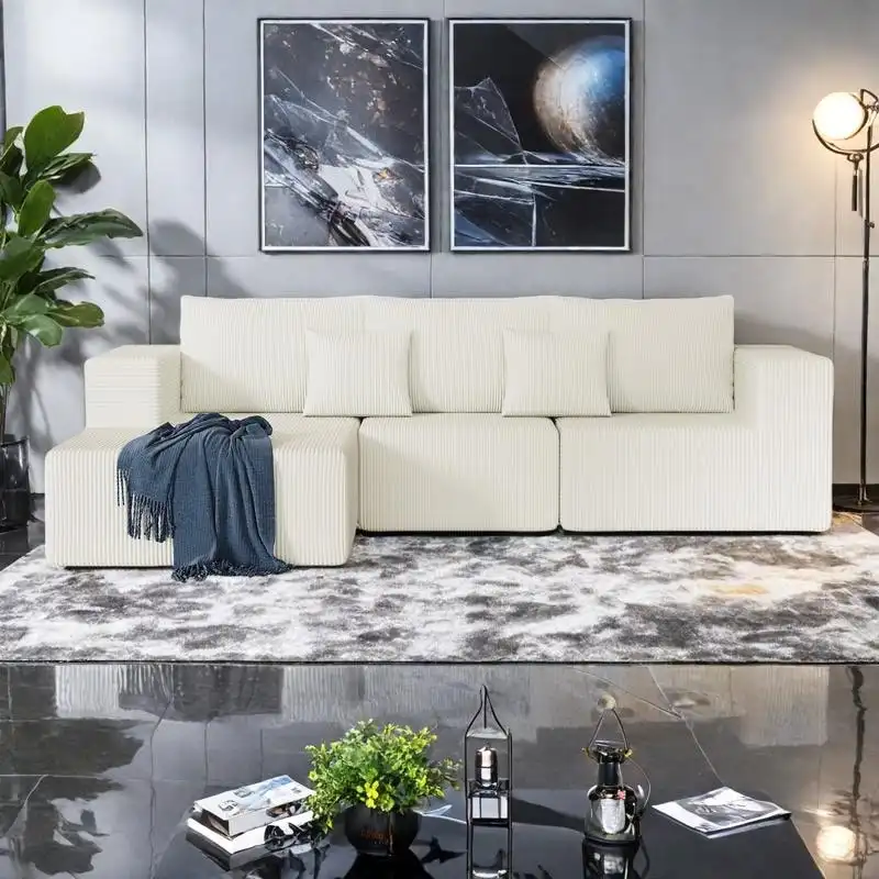 108.3 Corduroy L-Shaped Modular Cloud Sofa with Chaise Lounge
