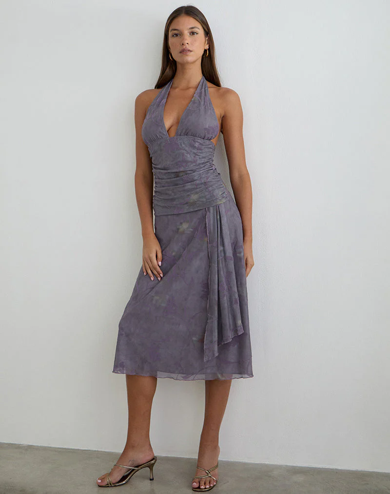 Rokoyo Halterneck Midi Dress in Flare Flower Purple