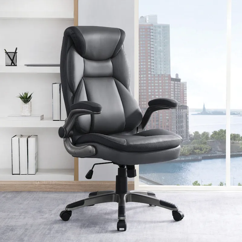Executive Bonded Leather Office Chair with Lumbar Support, Locking Tilt and Flip Arms – Taupe / Black / Charcoal, for 1 Person