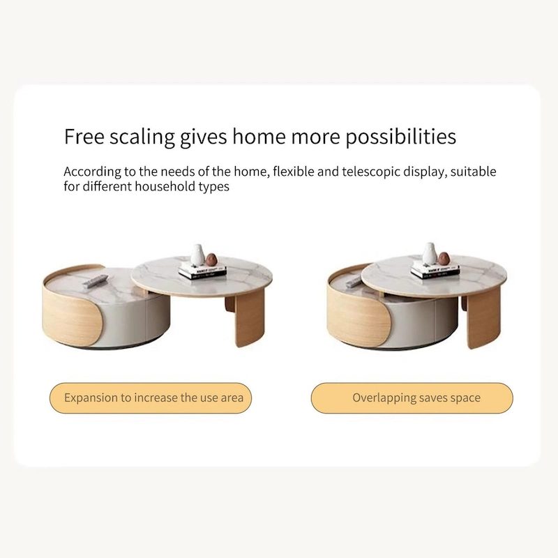 Modern Round Coffee table, Stone Table-top, Natural Wood - 50 x 31.5