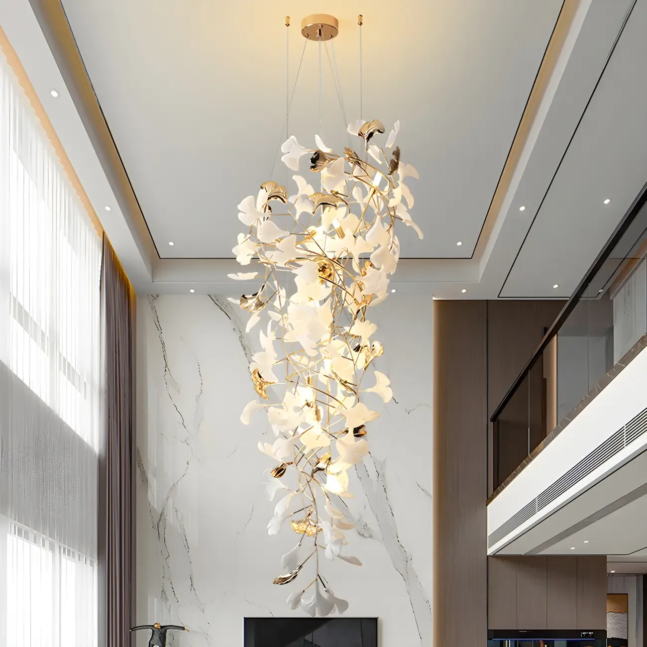 Elegant White Ginkgo Leaf Golden Stairwell Chandelier