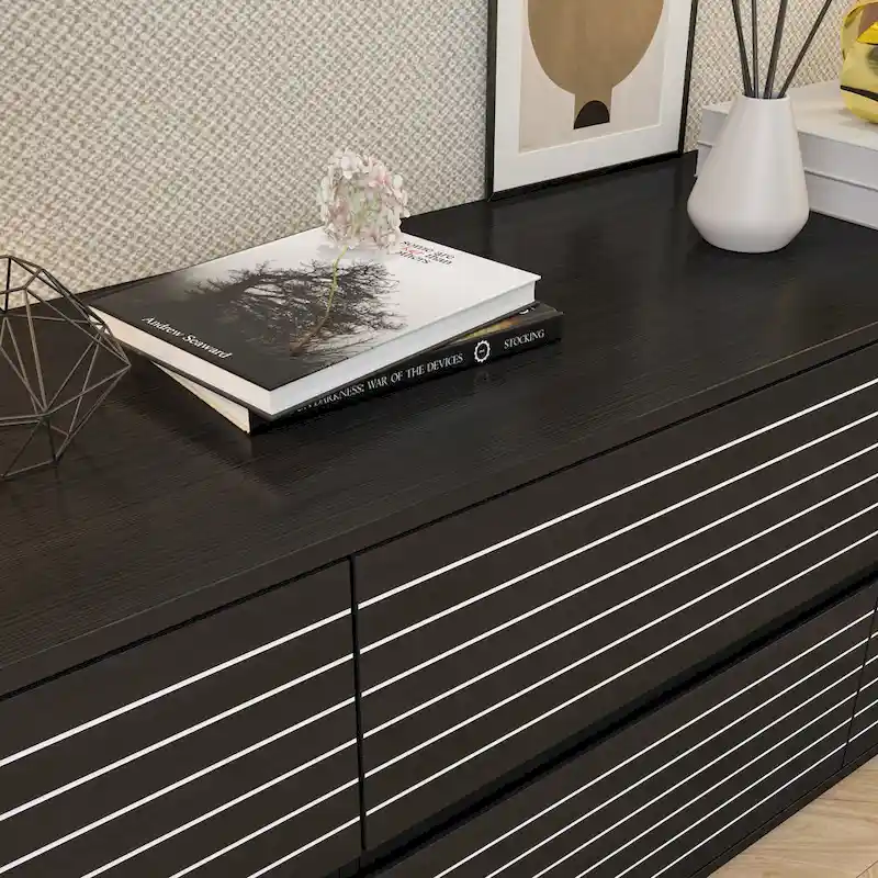 Low Profile Dresser/TV Stand - Black & White, 6 Drawers, 63W x 19.7H, Multi-Functional