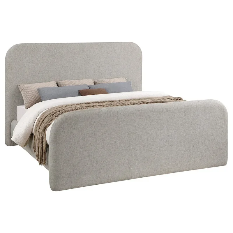 Jene King Size Bed, Upholstered Panel Headboard, Rounded Corners, Gray